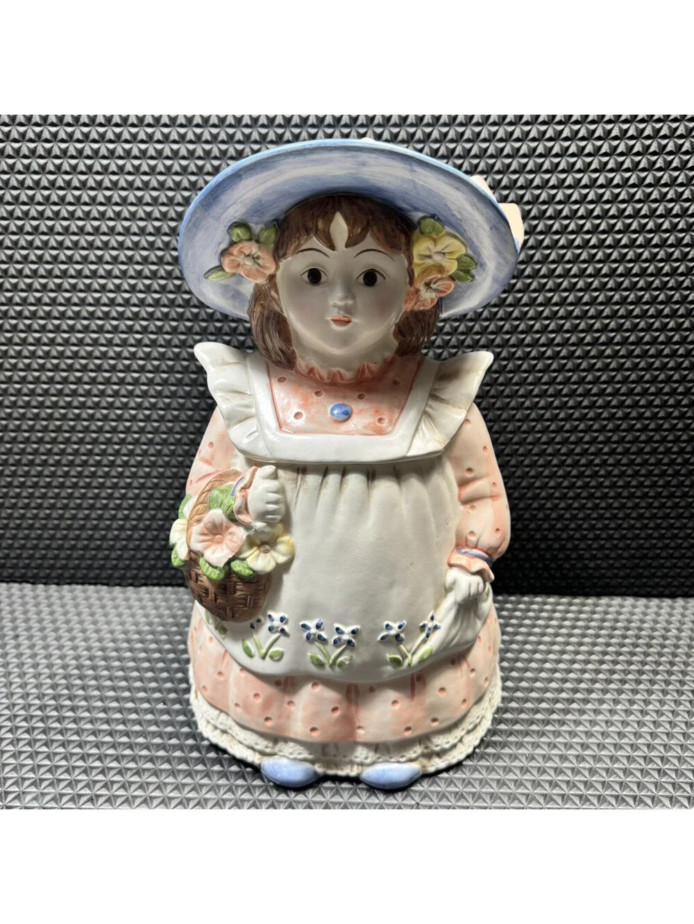 Takahashi Ceramic Bonnet Flower Maiden Girl Basket Cookie Jar 12” Vintage Japan
